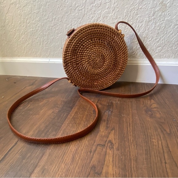 Cost Plus World Market Handbags - World Market Boho Chic Round Woven Wicker Tan Crossbody Bag adjustable strap